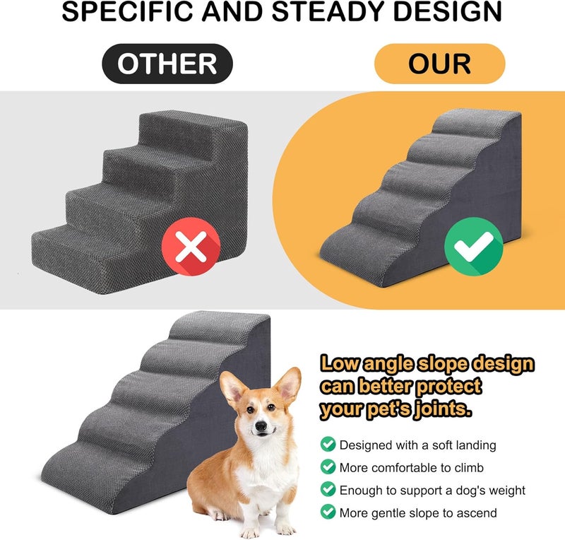 CiWiVOKi Dog Stairs for Bed, 5-Step Dog Steps for Couch and High Bed, Non-Slip Pet Stairs, 24" High Sofa Foam Ramp - Best for Small Pets, Older Cats with Joint Pain - Image 2